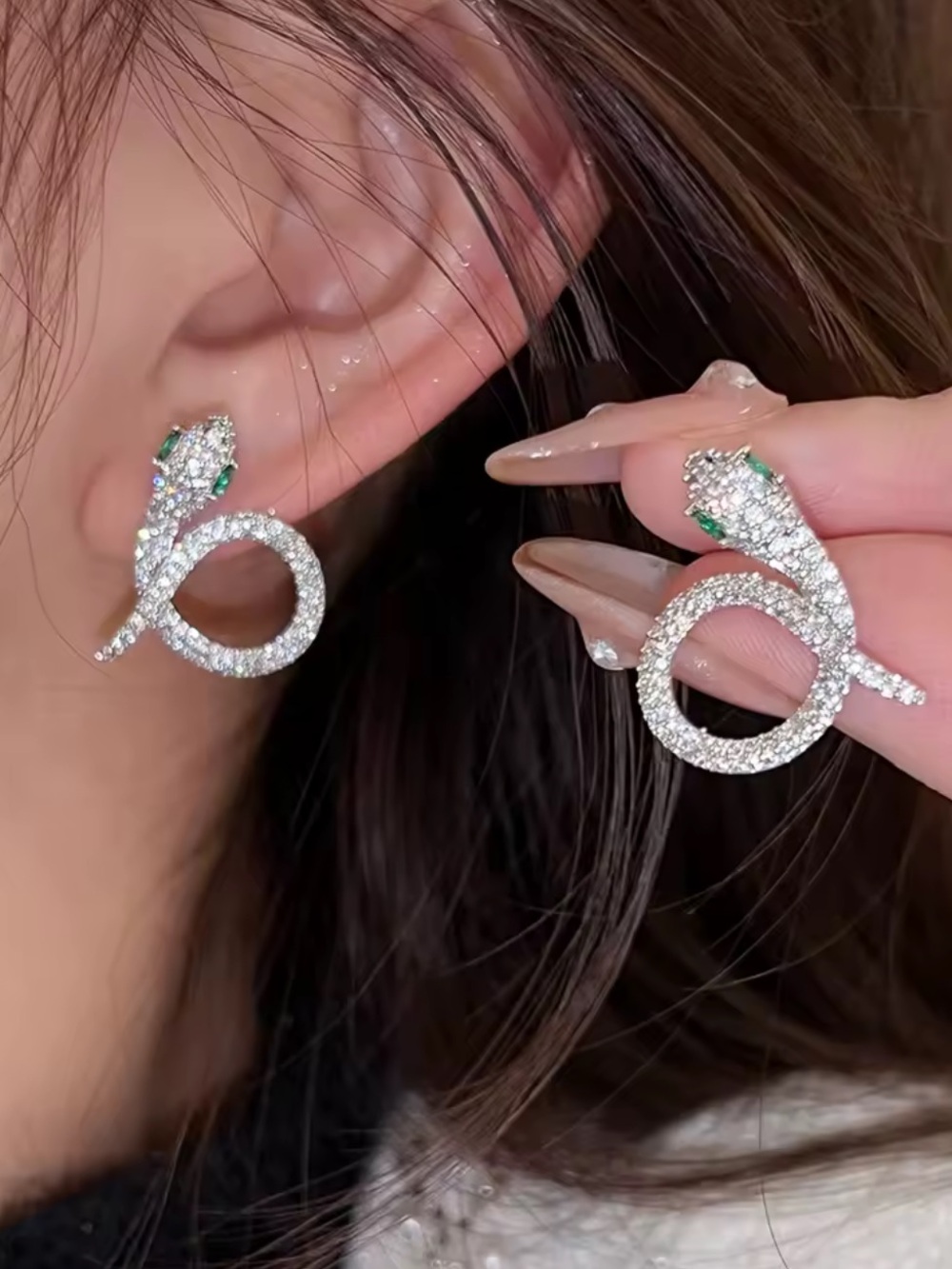 Kohl's Silver-Tone Crystal Snake Hoop Earrings with Green Accents